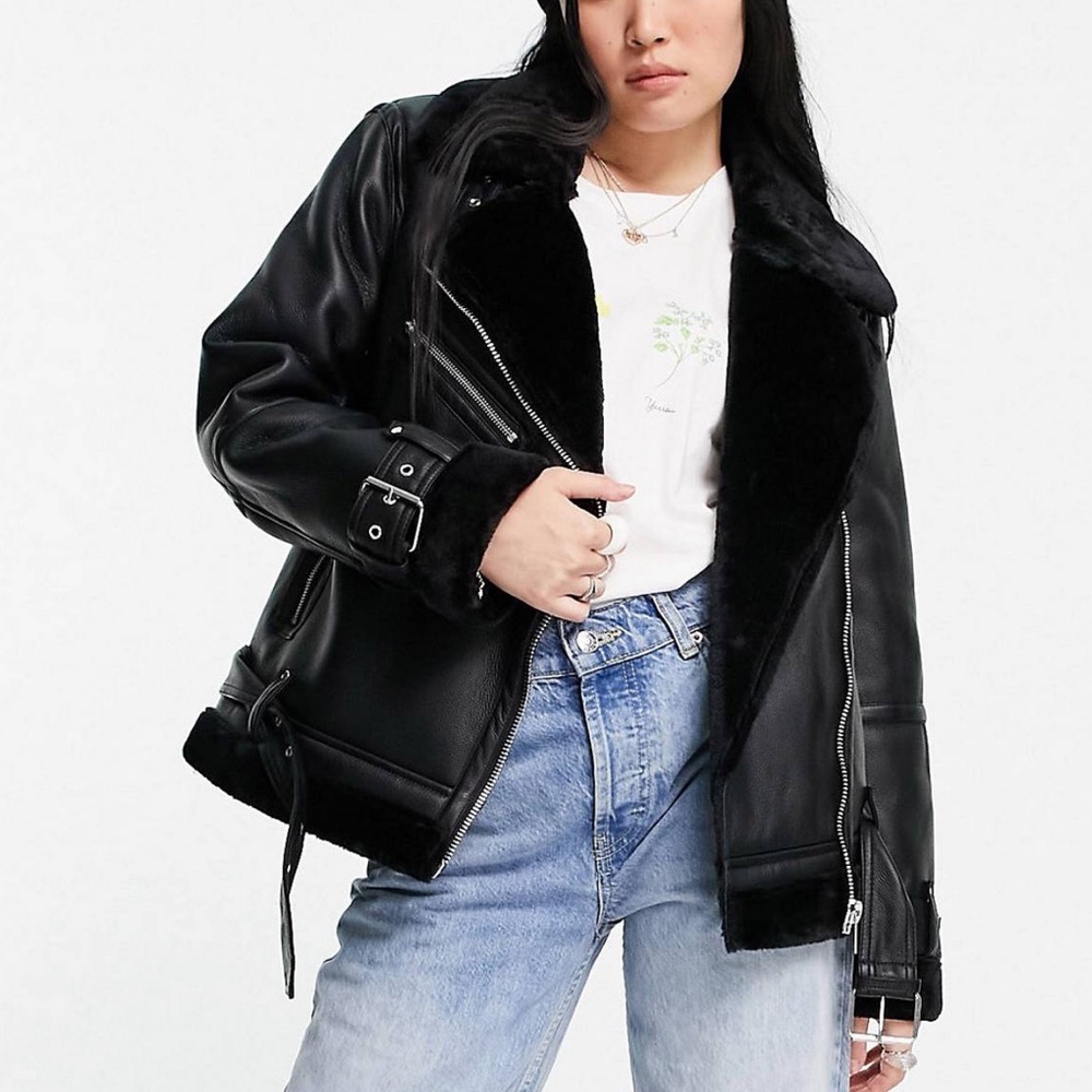 Topshop faux shearling aviator jacket with faux fur lining in black
